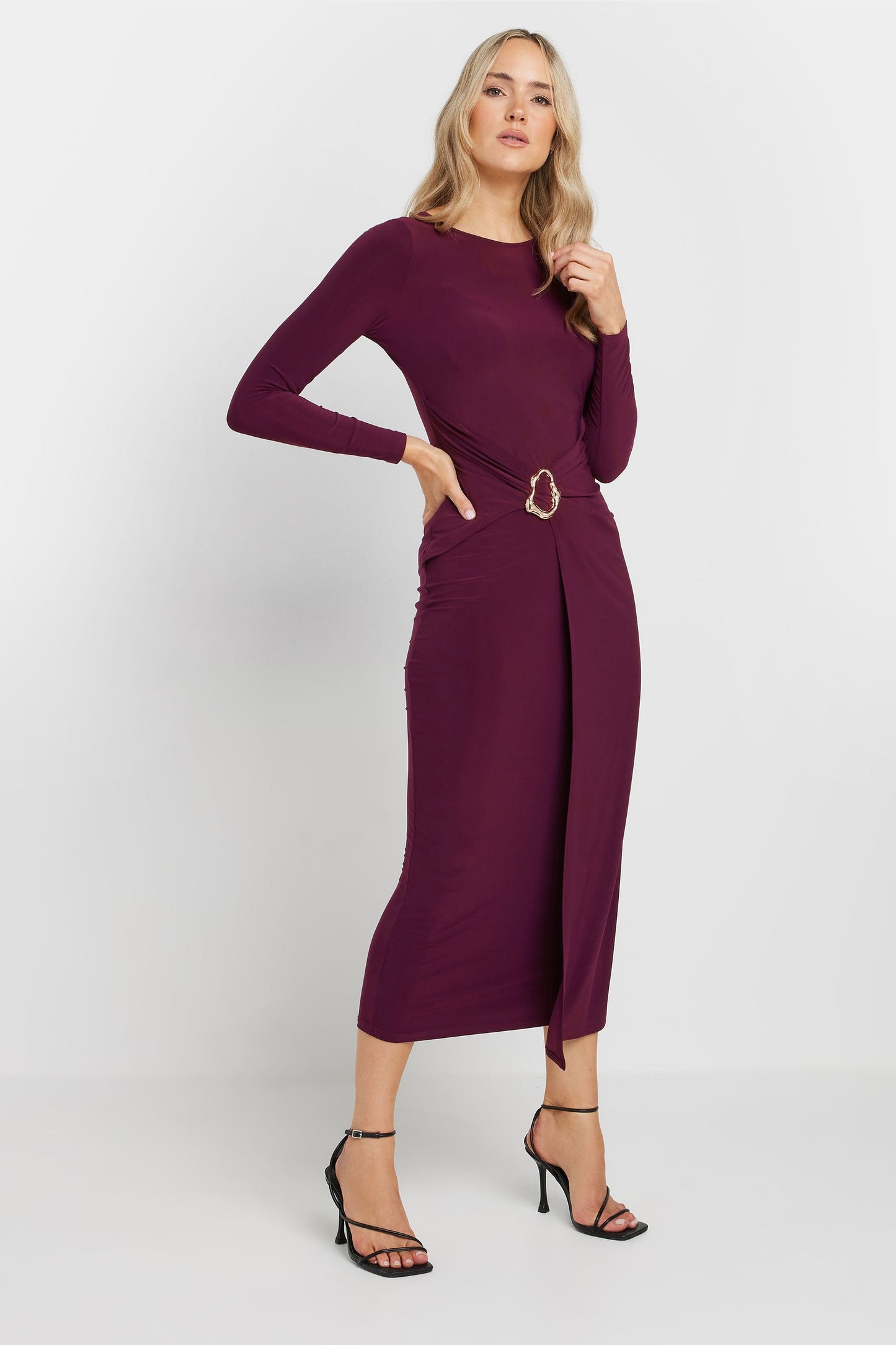 Black Long Sleeve Draped Buckle Dress