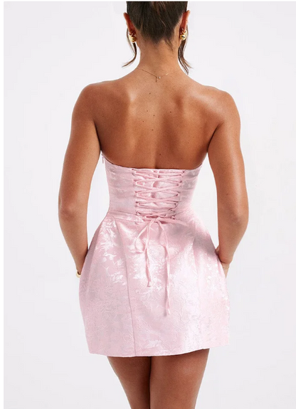 Jacquard Strapless Knot A-line Mini Dress