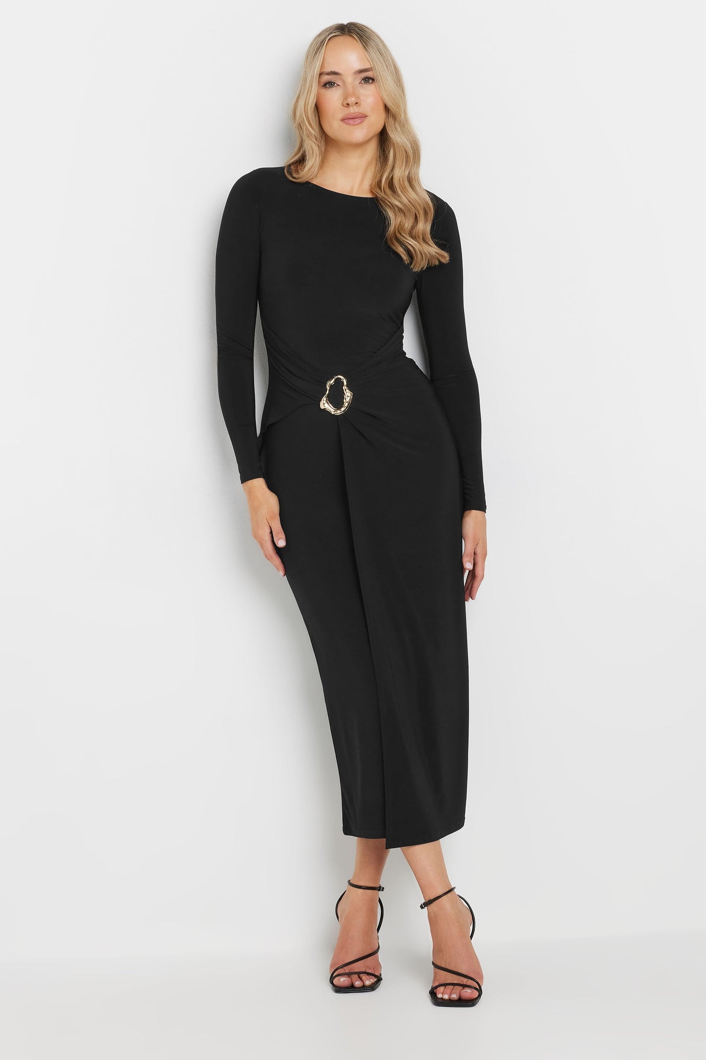 Black Long Sleeve Draped Buckle Dress