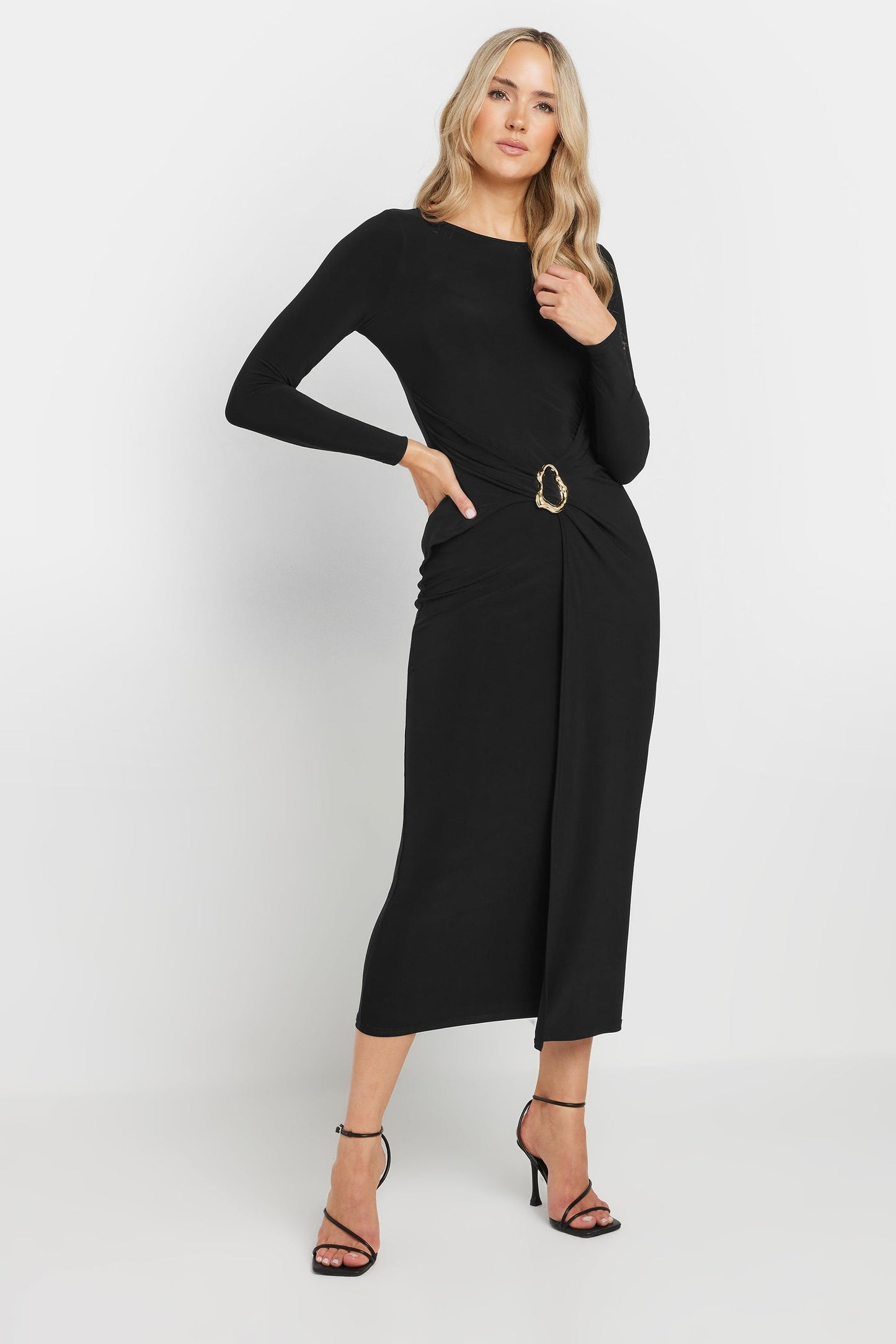 Black Long Sleeve Draped Buckle Dress